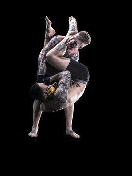 Two Wrestlers Black Isolated Tattoo Locking