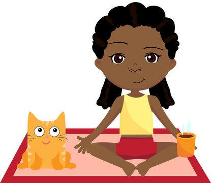 African girl doing yoga exercise with cat