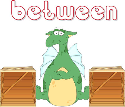 Cartoon dragon stands between two boxes. English grammar in pict