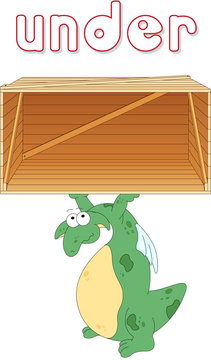 Cartoon dragon stands under a box. English grammar in pictures