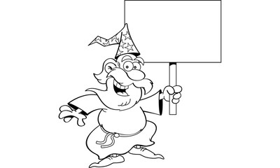 Black and white illustration of a wizard holding a sign.