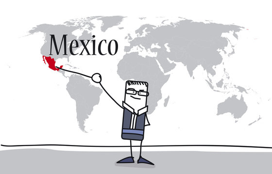 Personnage montrant le Mexique sur une carte du monde