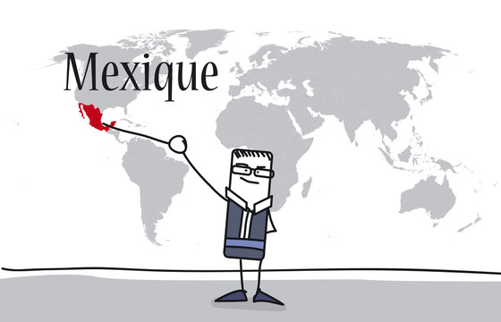 Personnage montrant le Mexique sur une carte du monde