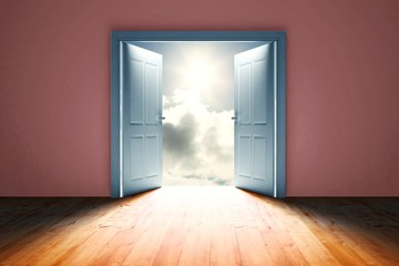Composite image of door opening in dark room to show sky