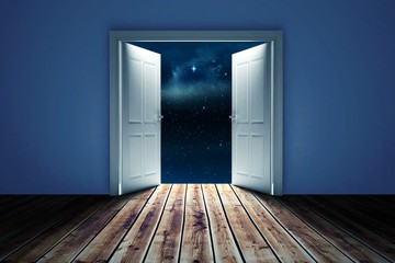 Composite image of door opening in dark room to show sky