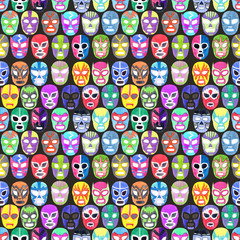 Luchador or fighter mask set. Seamless pattern with hand-drawn lucha libre - free fight - masks - helmets on the white background. Real watercolor drawing.