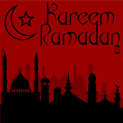 Ramadan Kareem greeting with mosque and hand drawn calligraphy lettering on night cityscape background..