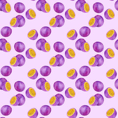 Passion fruit or maracuya. Seamless pattern with fruits  - passionfruit.  Real watercolor drawing.