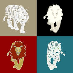 Logos: white lion, yellow lion, white tigers, background (black, red, yellow, blue)