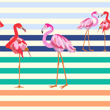Abstract illustration of a flamingo on a striped background (sand, sea, sky), fashion design, seamless pattern