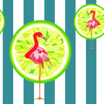 Abstract illustration of a flamingo on a striped background (white and green) with lime, fashion design, seamless pattern