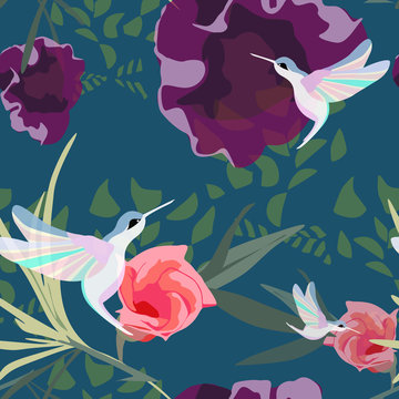Hummingbirds fly in a flower garden, seamless pattern, fashion design print