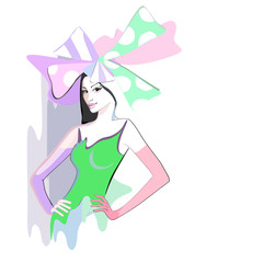 Abstract watercolor portrait of a girl (model) in a green dress and hat (pink bow, purple, striped, polka dots), red glove. Beauty and fashion spring summer,  isolated on white