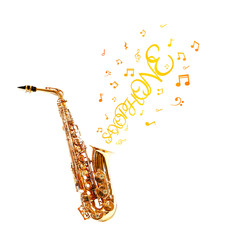 Fototapeta na wymiar Golden saxophone and notes coming out isolated on white