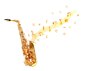 Fototapeta na wymiar Golden saxophone and notes isolated on white