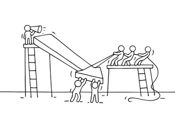 Sketch of working little people with arrow down, teamwork. Doodle cute miniature arrow and prepare out of the crisis. Hand drawn cartoon vector illustration for business design and infographic.