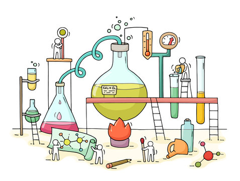 Sketch of chemical experiment with working little people, beaker. Doodle cute miniature of teamwork and materials research. Hand drawn cartoon vector illustration for biology and chemistry.