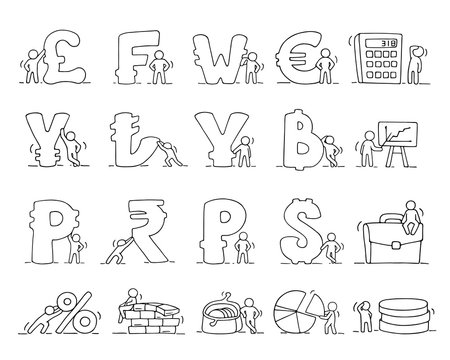 Finance icons set of sketch working little people with currency.