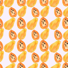Papaya or papaw. Seamless pattern with fruits - papayas. Real watercolor drawing.
