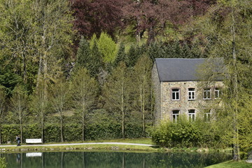 Obraz premium La nature luxuriante du printemps aux environs de l'ancien moulin à eau converti en appartements aux jardins d'Annevoie 