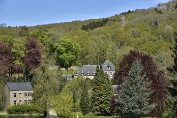 Obraz premium L'ancien moulin à eau converti en appartements et l'une des fermes-château dans la nature luxuriante près des Jardins d'Annevoie 