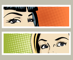 Pop art banner with female eyes and blank space for text. Cartoon beautiful woman eyes.Vintage advertising poster. Comic hand drawn vector illustration.