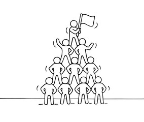 Sketch of pyramid with working little people. Doodle cute miniature teamwork and partnership. Hand drawn cartoon vector illustration for business design and infographic.