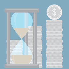 Hourglass with silver coin stock. Time is money