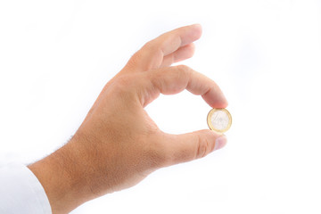 Man Hand showing One Euro Coin Isolated on White Background