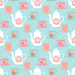 Retro seamless vector pattern with teapots, tea mugs and  coffee cups
