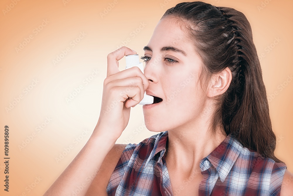 Poster composite image of woman having asthma using the asthma inhaler