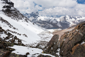 Mountain peaks ridge, lake, Cordillera Real, Bolivia.