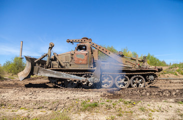 soviet military bulldozer drives on track 