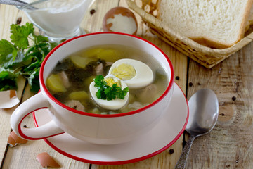 Soup of young nettle with eggs, selective focus. Space for your