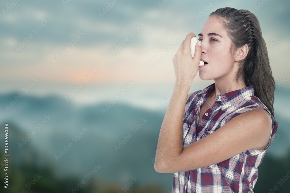 Poster composite image of woman having asthma using the asthma inhaler