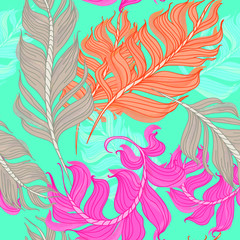 Fototapeta na wymiar seamless pattern of colored feathers swirling in the air