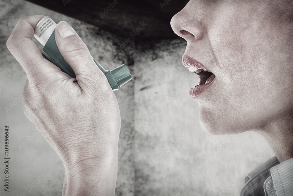 Poster composite image of close up of a woman using an asthma inhaler