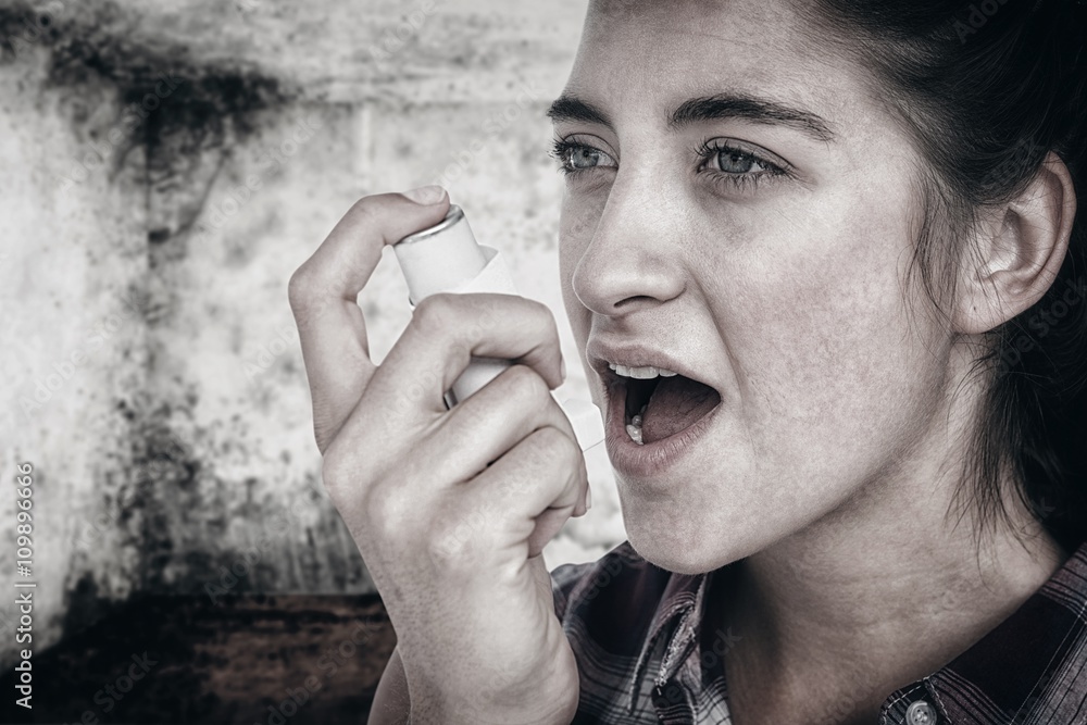 Poster composite image of woman having asthma using the asthma inhaler