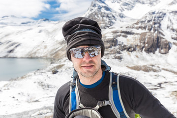 Mountaineer tourist selfie snow mountains hiking, Bolivia.