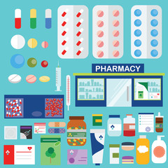 Fototapeta na wymiar Pharmacy and medical icons, infographic elements set