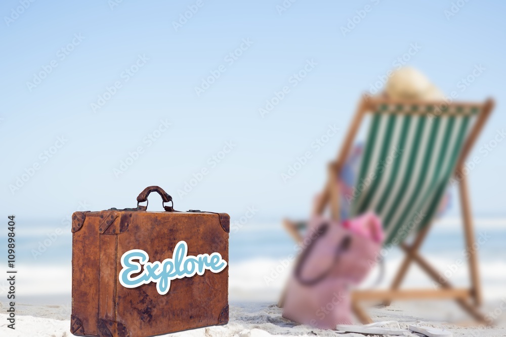Poster composite image of explore message on a old suitcase
