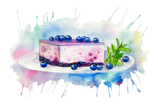 Desserts with blueberries.Cheesecake and mint.Food picture.Watercolor hand drawn illustration.Background colored splash.