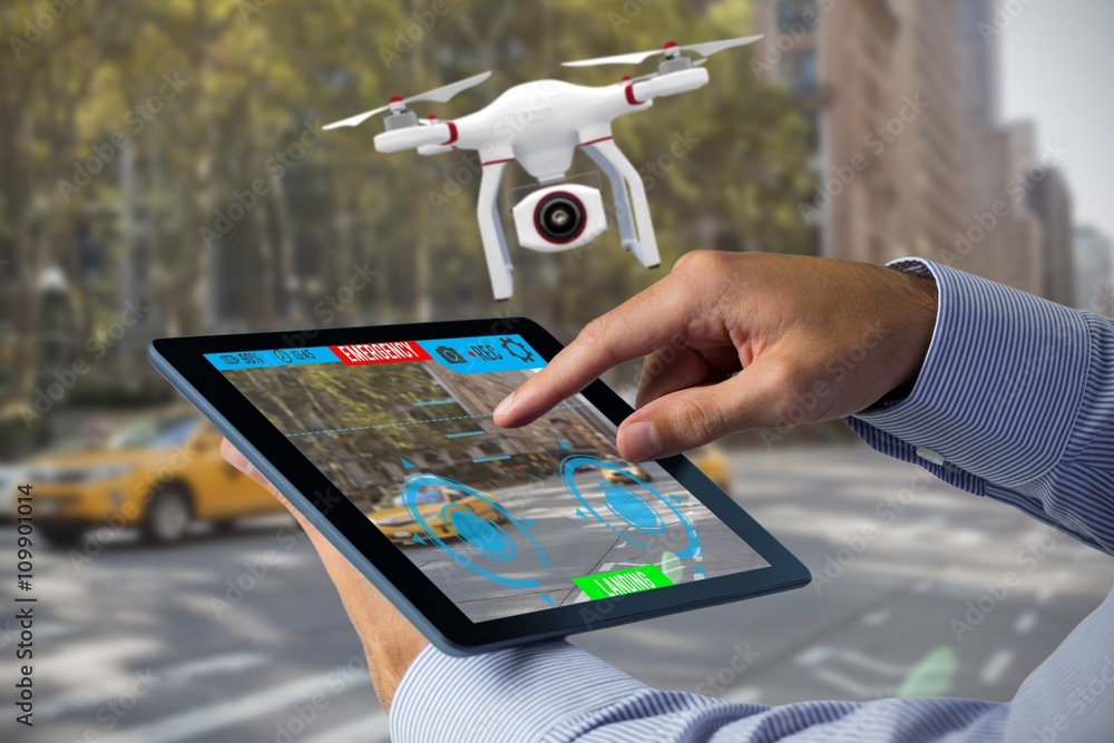 Poster composite image of man using tablet pc