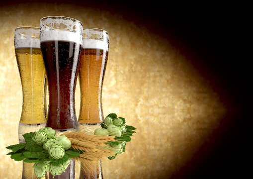 three kinds of beer, barley, hops - 3D render