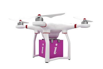 A drone bringing a pink cube