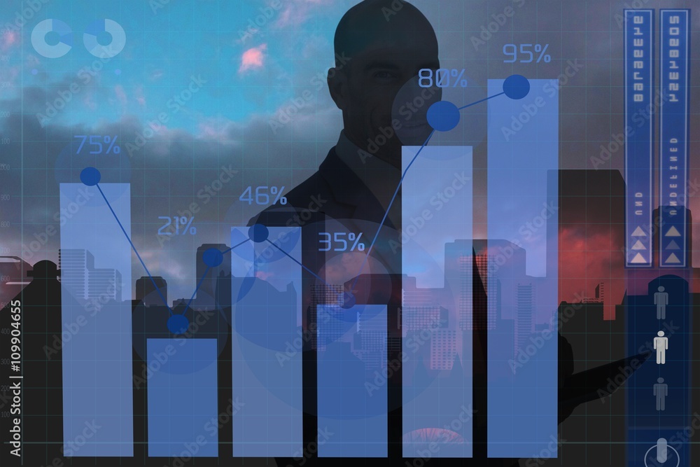 Poster composite image of businessman using a tablet and smiling at the
