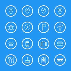 white line travel icon set with circle frame for web design, user interface (UI), infographic and mobile application (apps)