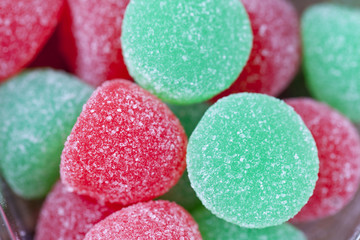 close-up image of red and green sugar candy.