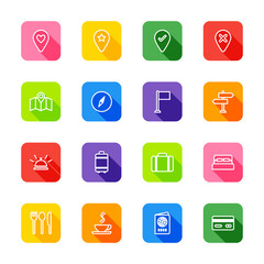 white line travel icon set on colorful rounded rectangle with shadow for web design, user interface (UI), infographic and mobile application (apps)