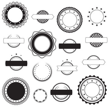 Set of empty blank vintage stickers, stamps and badges, design elements, black isolated on white background, vector illustration.